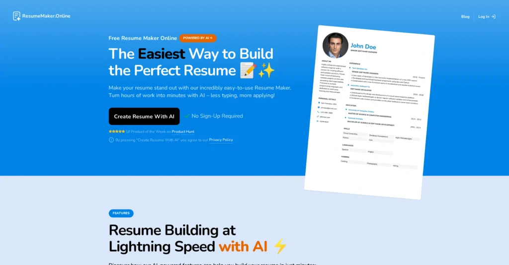 ResumeMaker.Online interface showing homepage