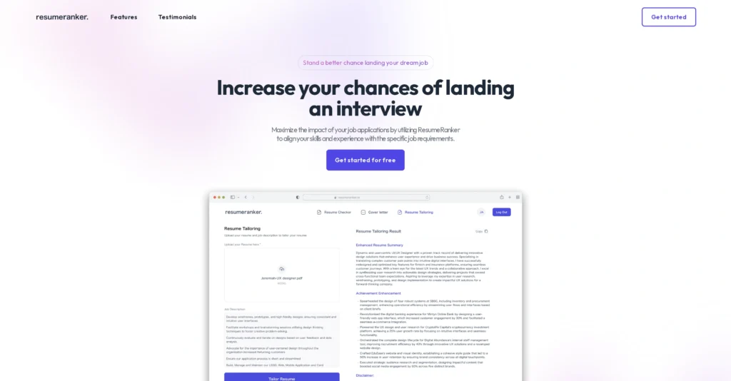 ResumeRanker interface showing homepage