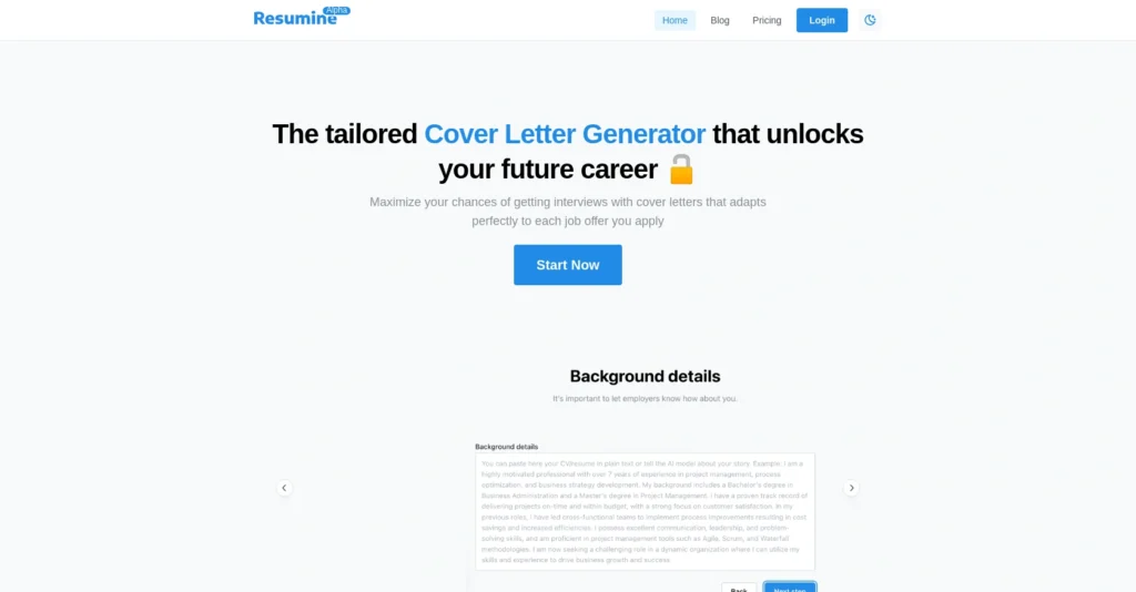 Resumine interface showing homepage