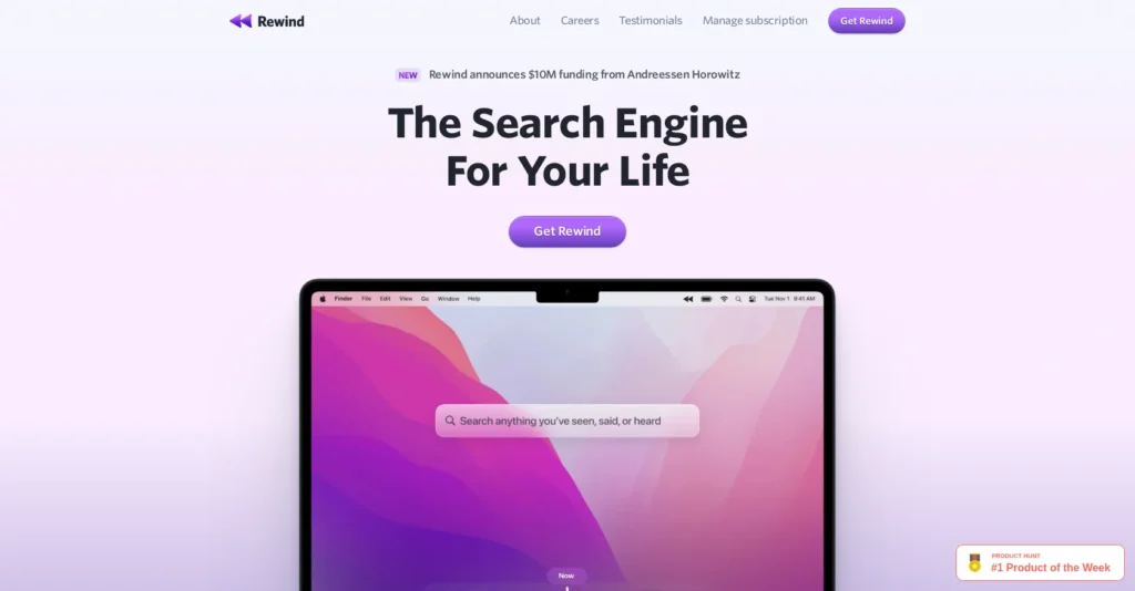 Rewind interface showing homepage