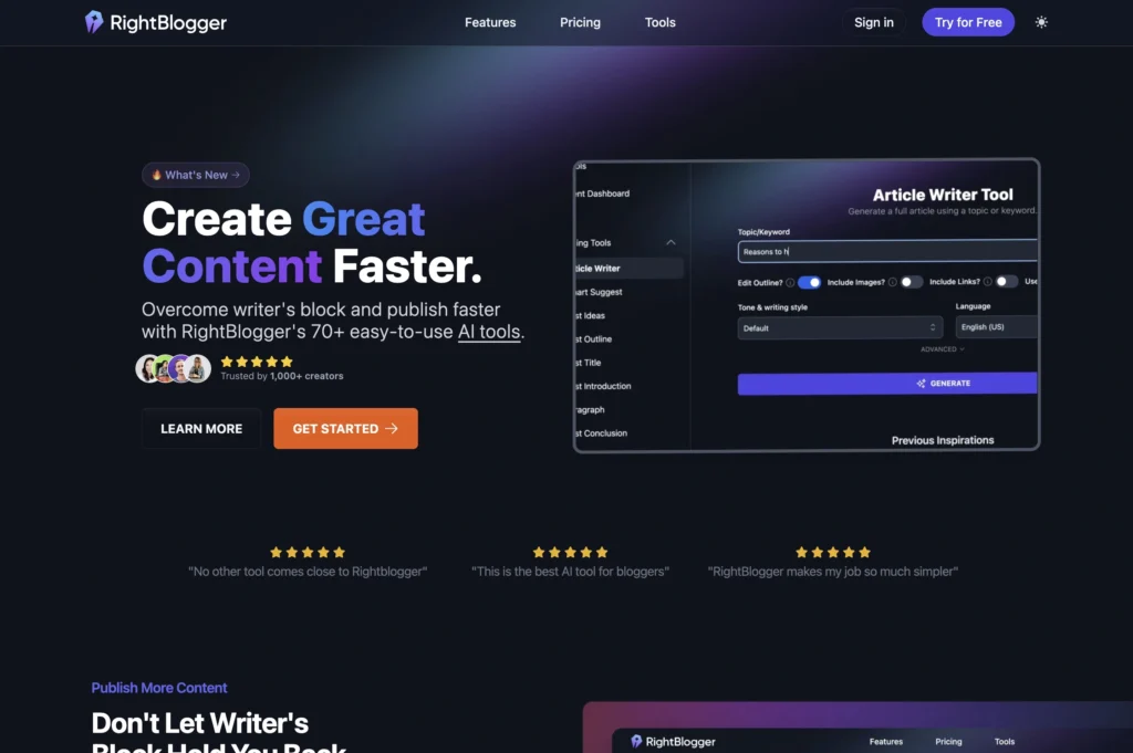 RightBloggerv2.5 interface showing homepage