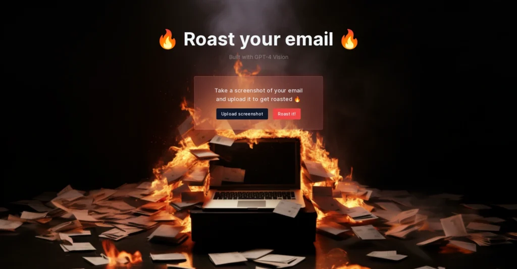 Roast Email interface showing homepage
