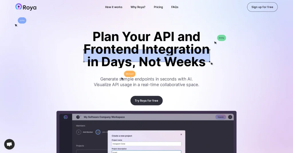 Roya interface showing homepage