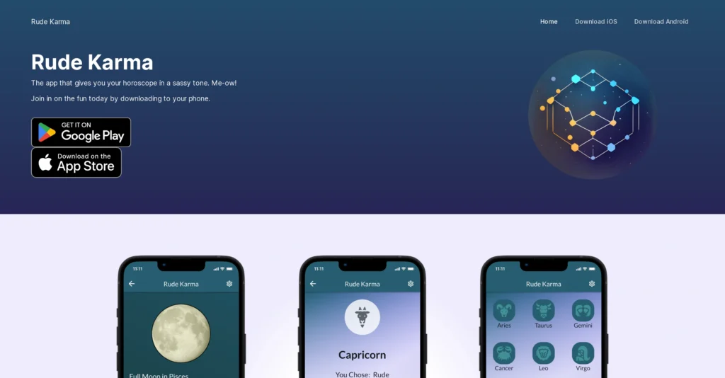 Rude Karma interface showing homepage