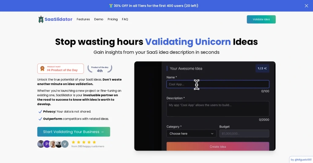 SaaSlidator interface showing homepage