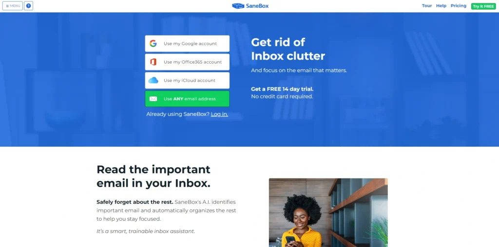 SaneBox interface showing homepage