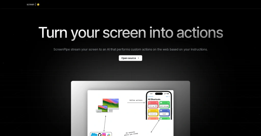 ScreenPipe interface showing homepage