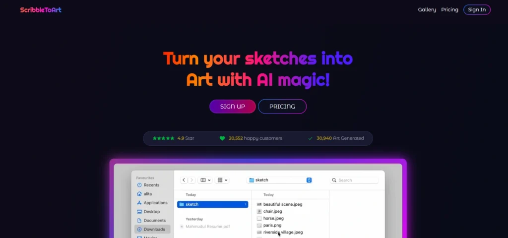 Scribbletoart interface showing homepage