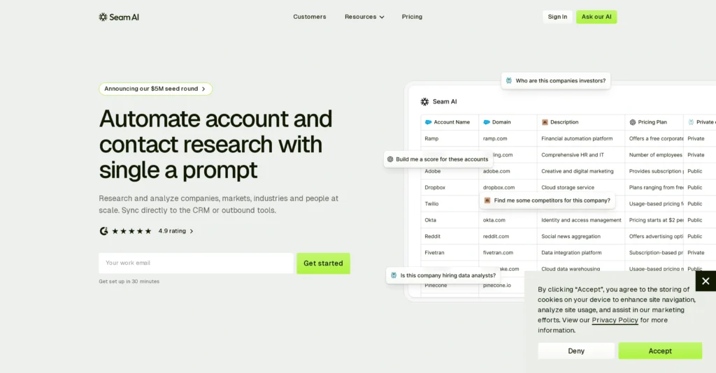 Seam AI interface showing homepage