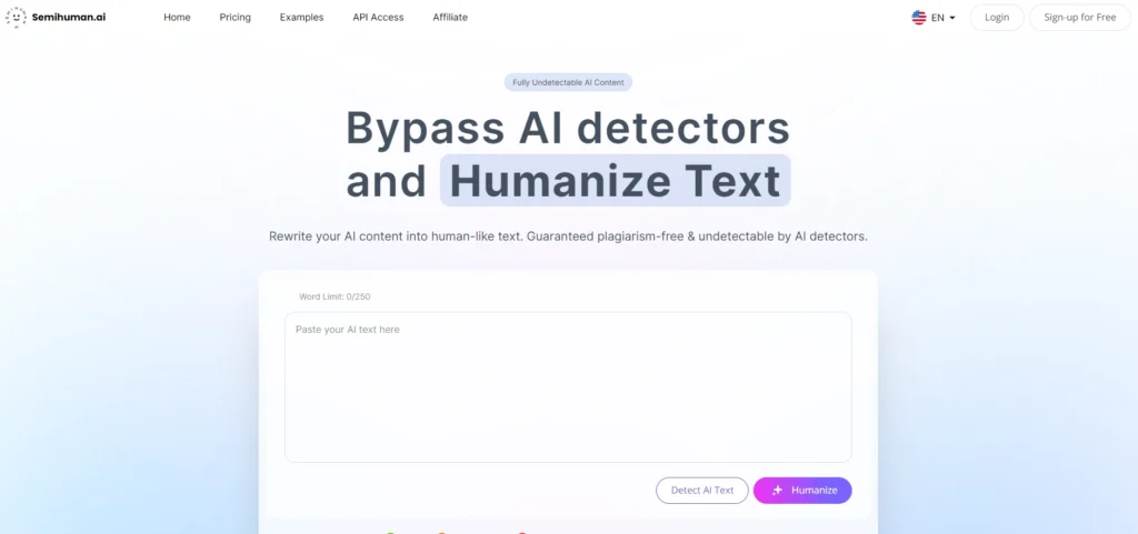 Semihuman AI interface showing homepage