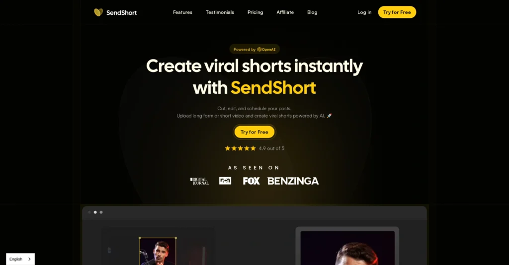SendShort interface showing homepage