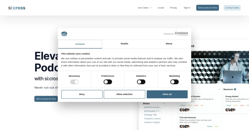 Sicross interface showing homepage