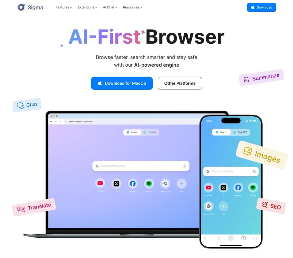 Sigma AI Browser interface showing homepage