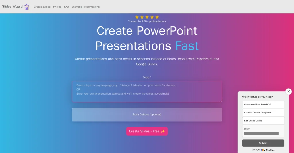 Slides Wizard interface showing homepage