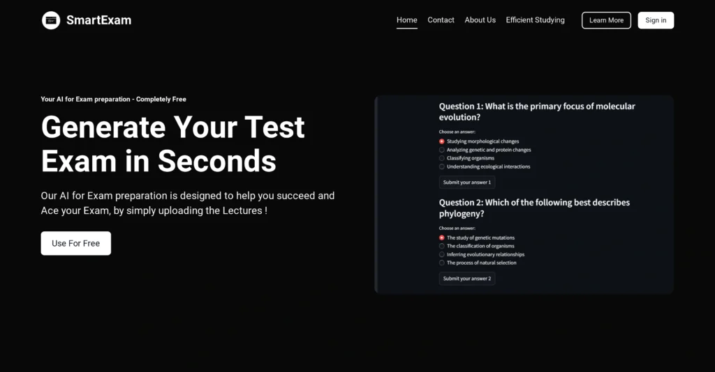 Smartexam interface showing homepage