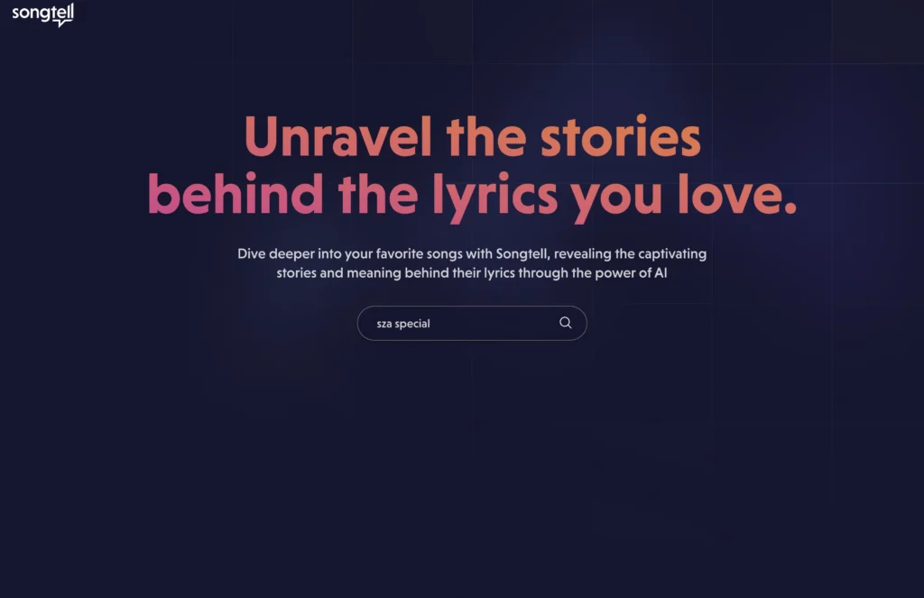 Songtell interface showing homepage