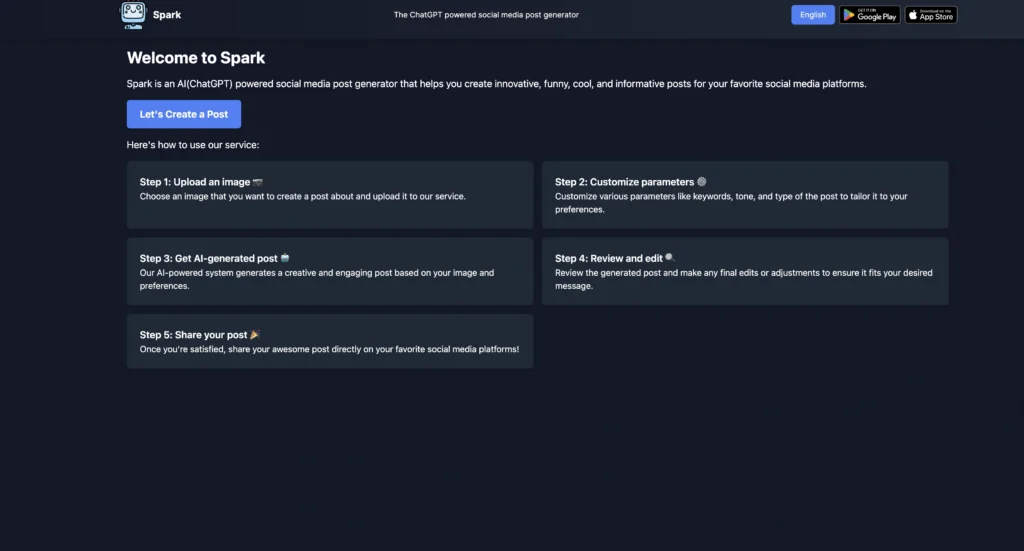 Spark App interface showing homepage