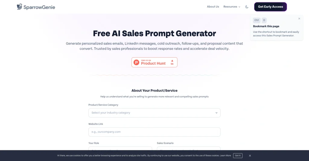 SparrowGenie interface showing homepage