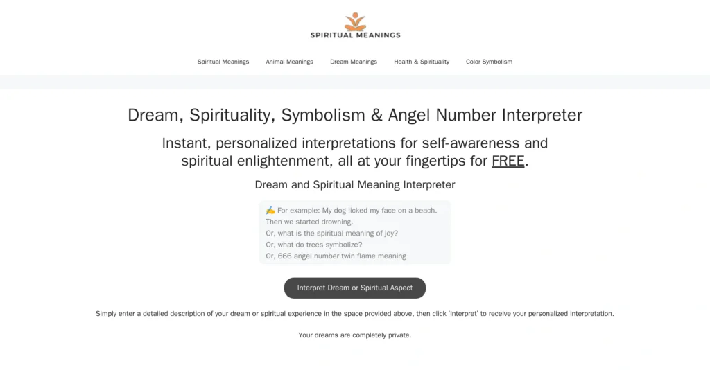 Spiritual Meanings interface showing homepage