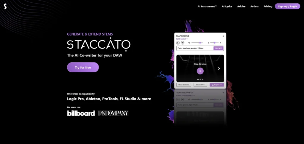 Staccato interface showing homepage