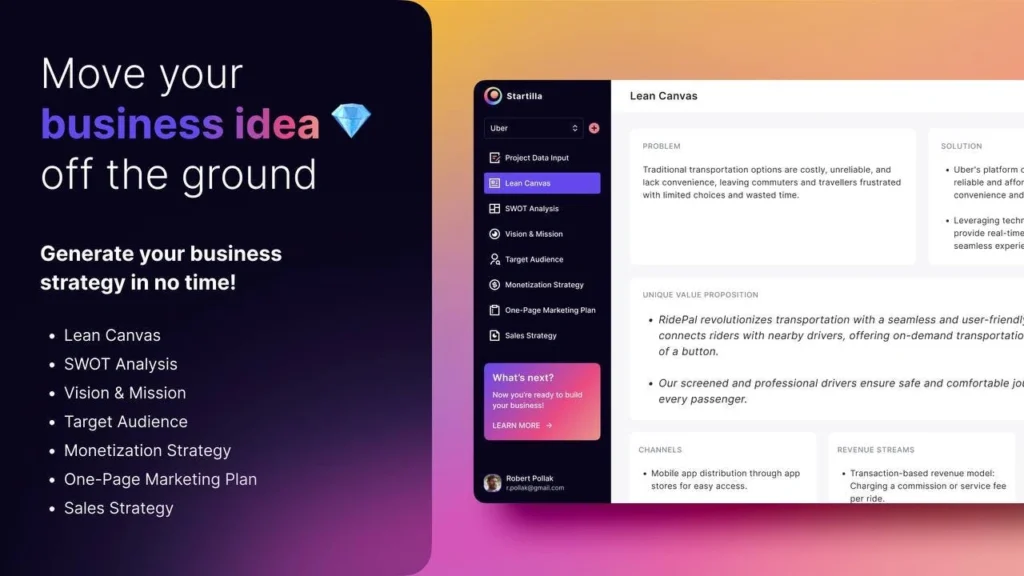 Startilla interface showing homepage