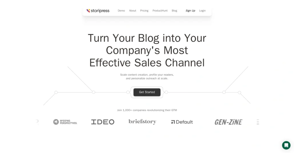 Storipress interface showing homepage