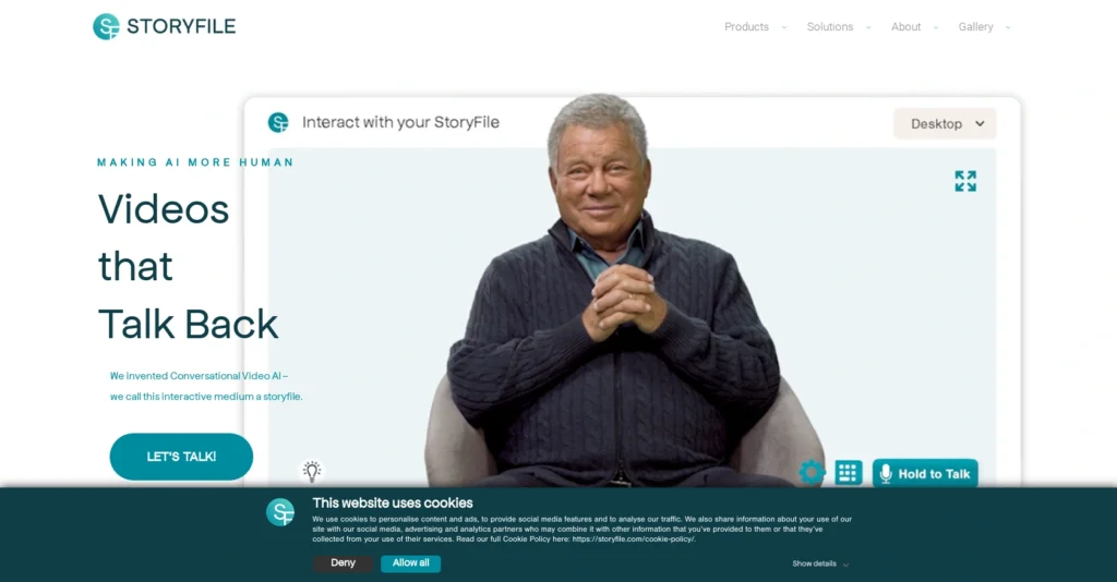 Storyfile interface showing homepage