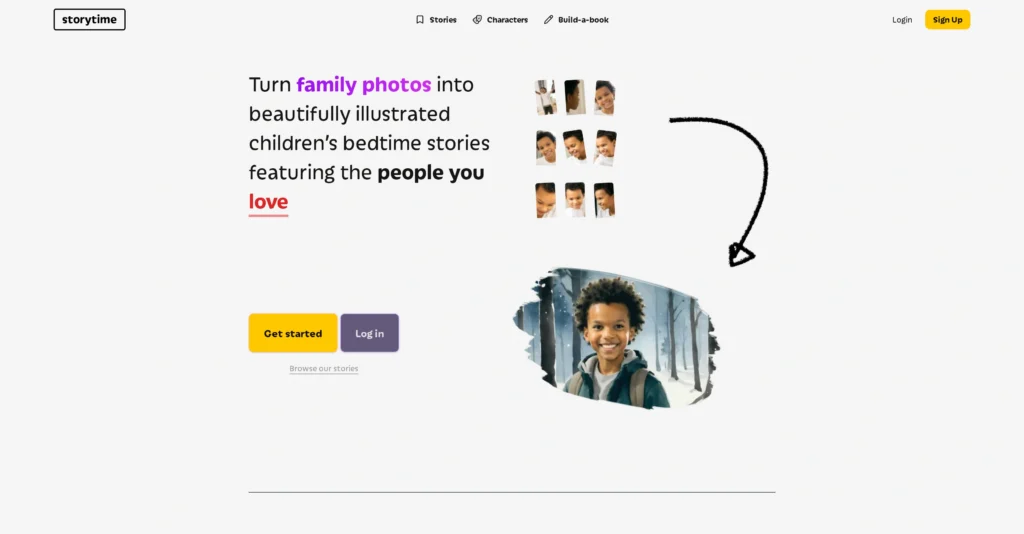 Storytime interface showing homepage