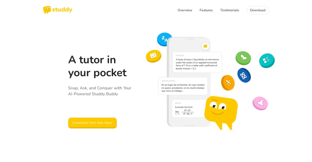 Studdy interface showing homepage