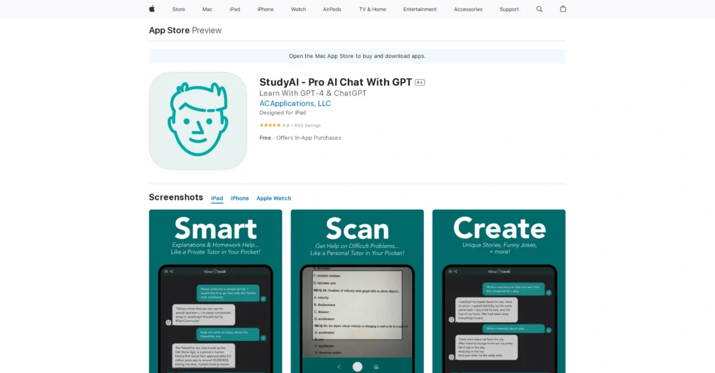 StudyAI - Pro AI Chat With GPT interface showing homepage