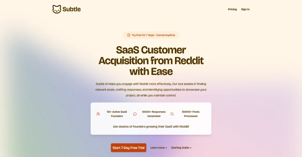 Subtle interface showing homepage