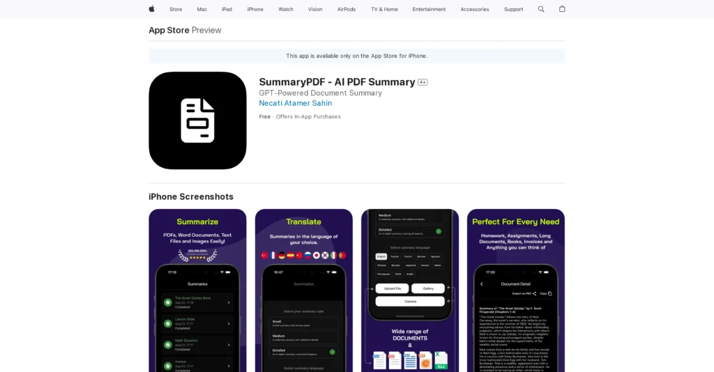 SummaryPDF interface showing homepage