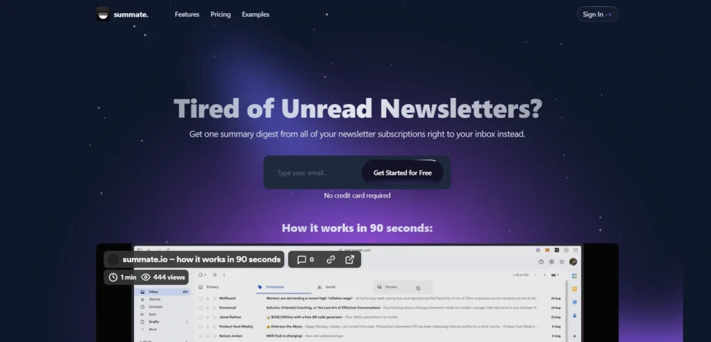 Summate interface showing homepage