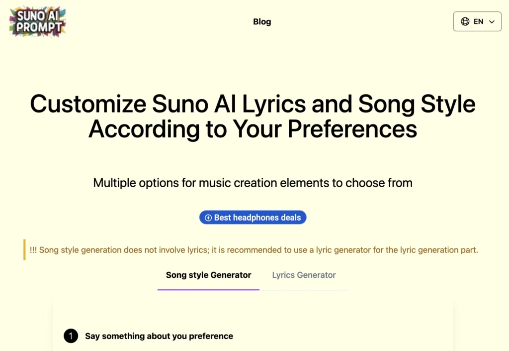 Suno Promptv1.1.0 interface showing homepage