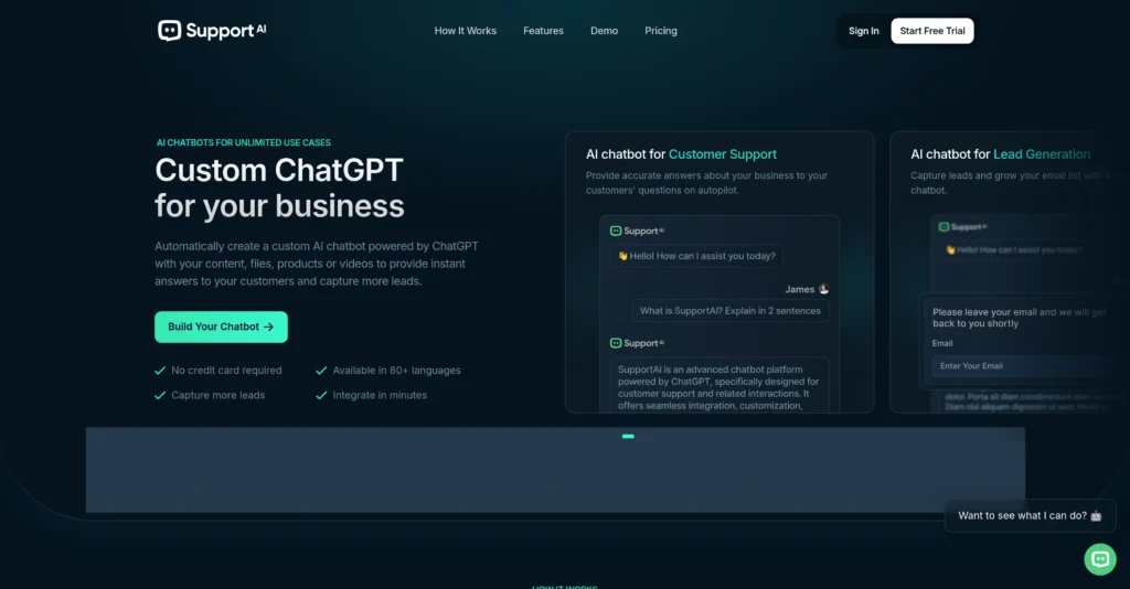 SupportAI interface showing homepage