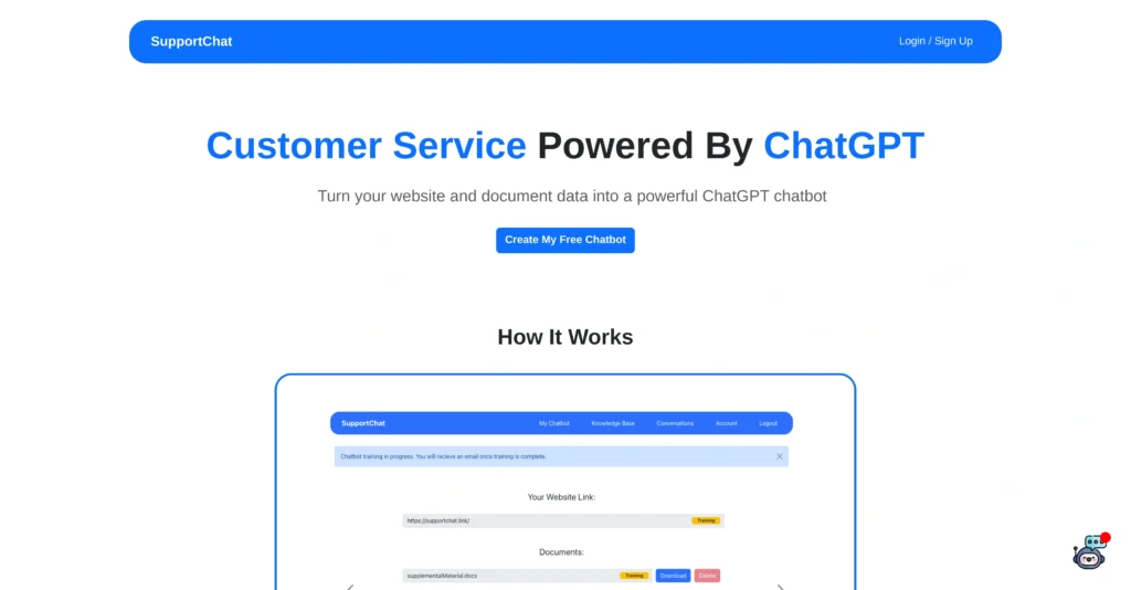 SupportChat interface showing homepage