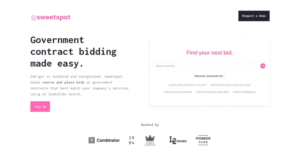 Sweetspot interface showing homepage