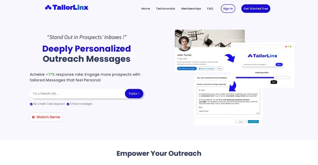 TailorLinx interface showing homepage