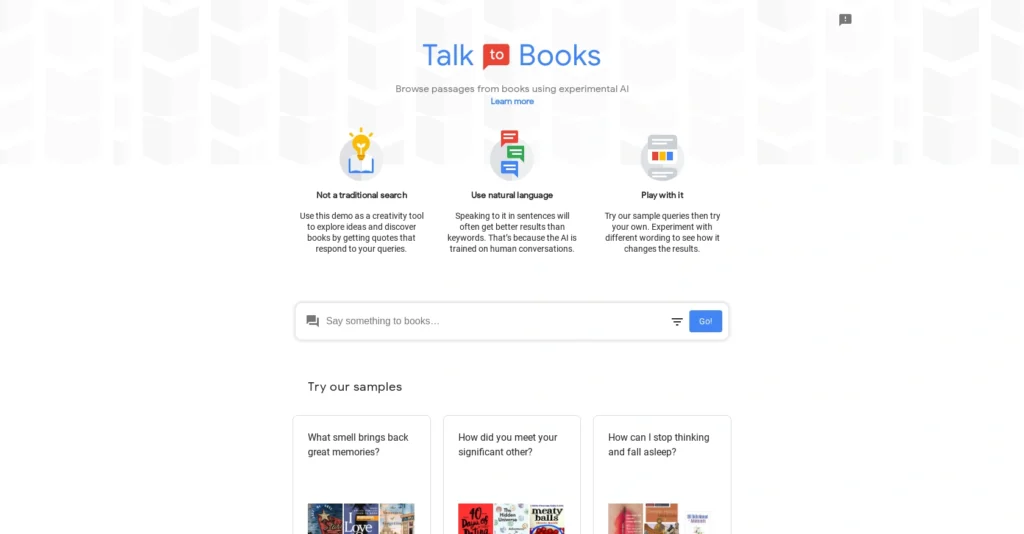 Talk to Books interface showing homepage