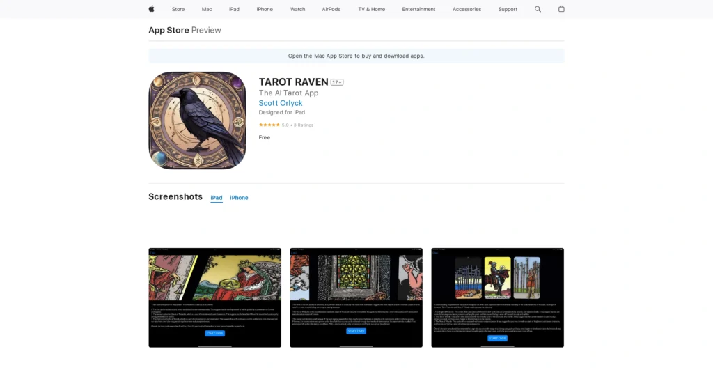 TAROT RAVEN interface showing homepage