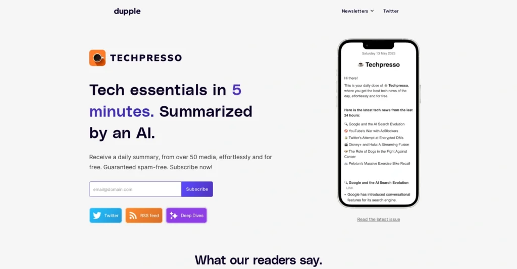 Techpresso interface showing homepage