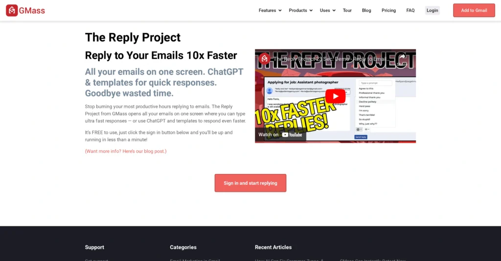 The Reply Project interface showing homepage