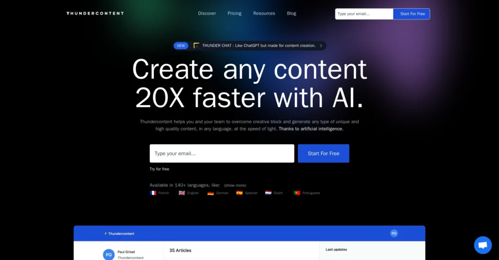 Thundercontent interface showing homepage