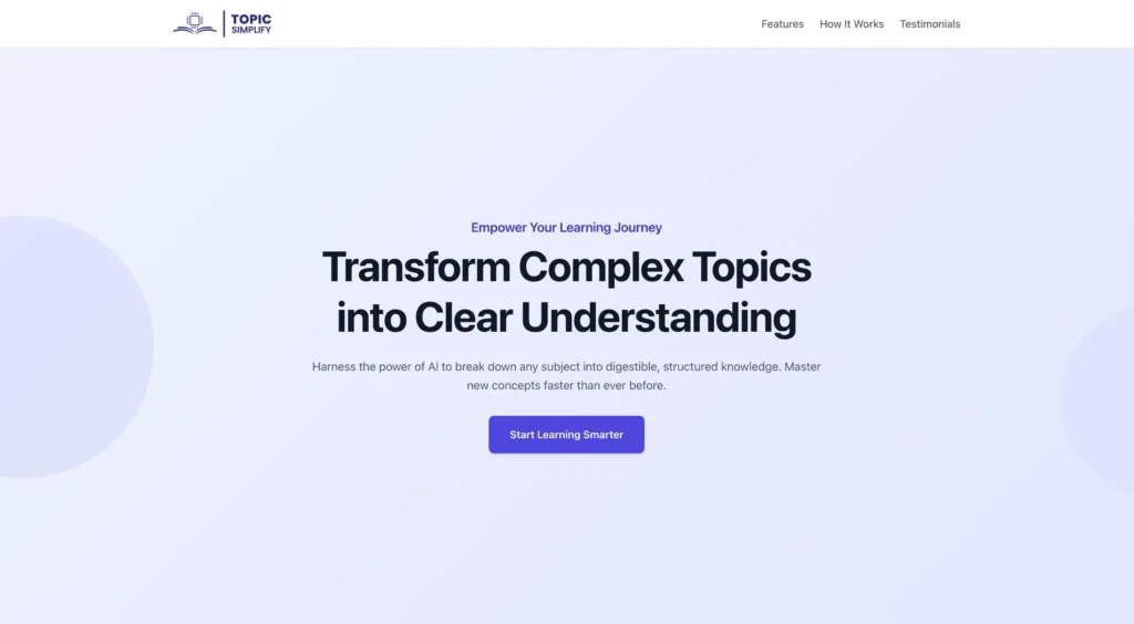 TopicSimplify interface showing homepage