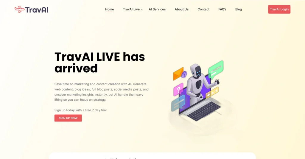 TravAI interface showing homepage