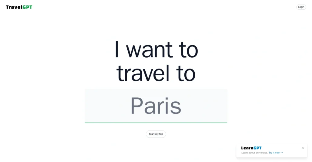 Travelgpt interface showing homepage