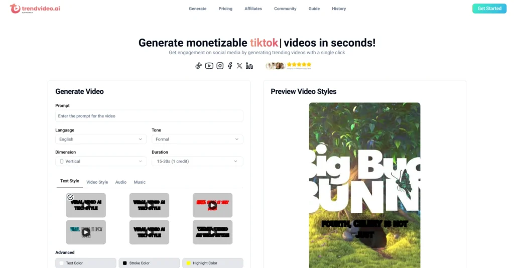 Trendvideo interface showing homepage