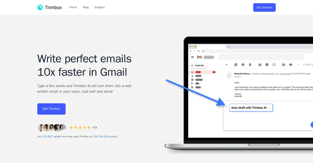 Trimbox AI Assistant interface showing homepage