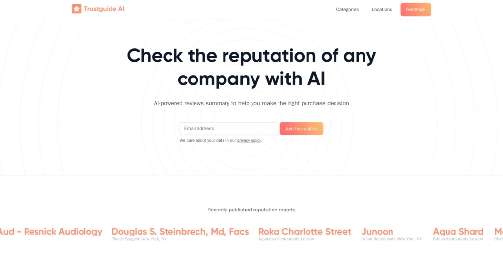 Trustguide interface showing homepage
