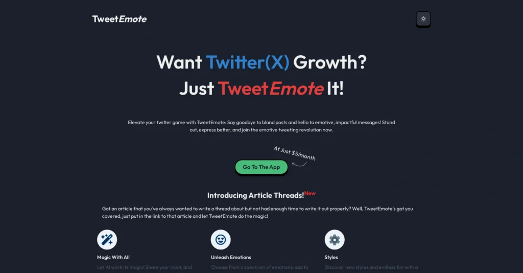 TweetEmote interface showing homepage